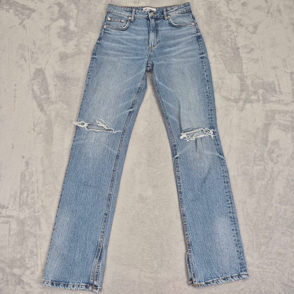 Zara Split Hem 2 (26) Womens High Rise Straight Leg Distressed Jeans Light Wash